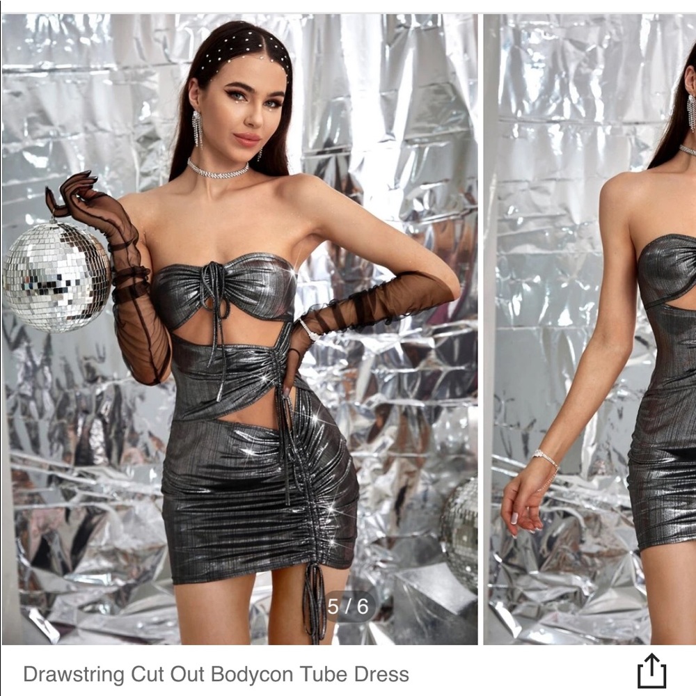 Metallic Drawstring Cut Out Bodycon Tube Dress